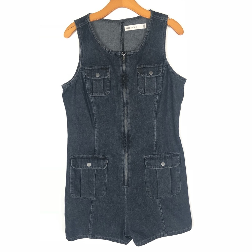 ASOS Denim Sleeveless Zipper Front Romper Jumpsuit - Picture 1 of 7
